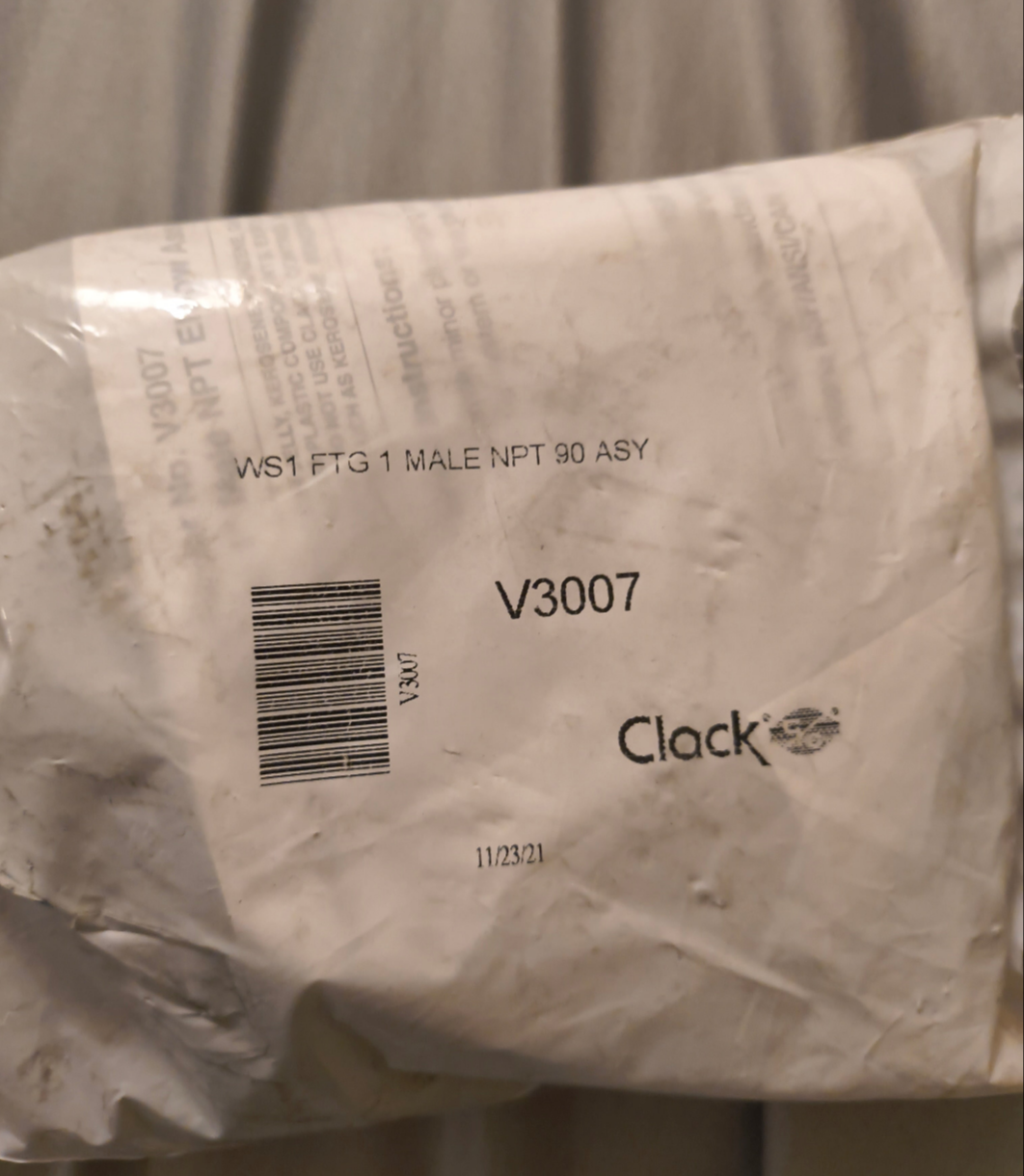 CLACK WS1 V3007 PVC 1" NPT Male Elbow assembly